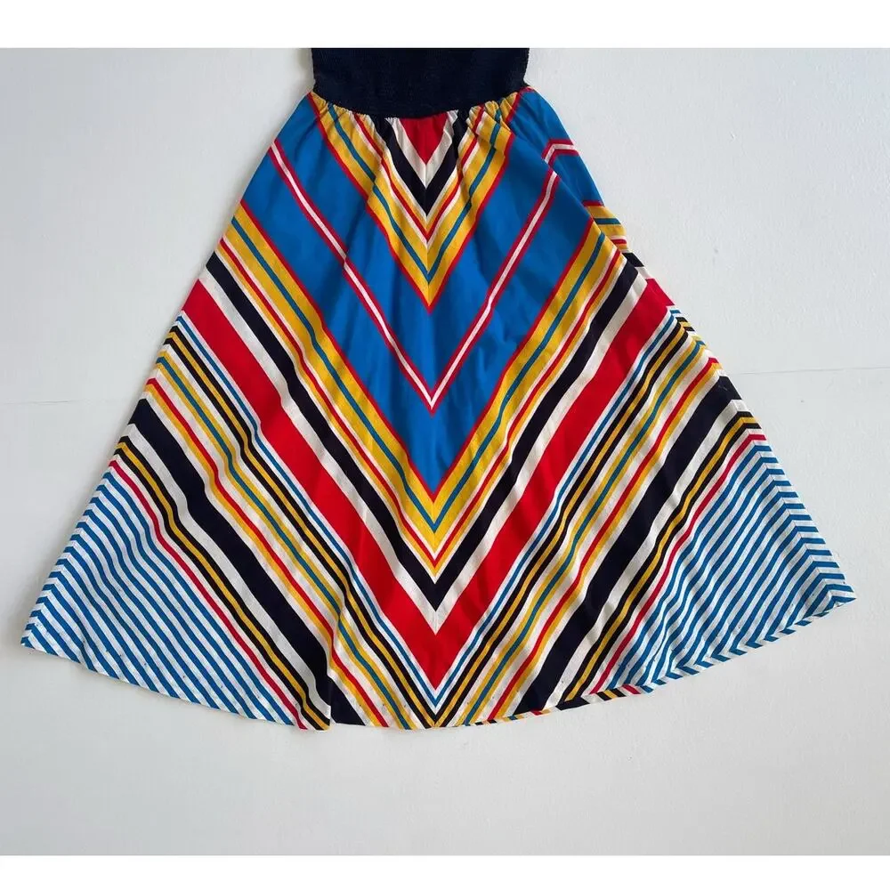 Vtg 70s Chevron Ruched Halter Sun Dress / XXS Women / Girls / Handmade Retro